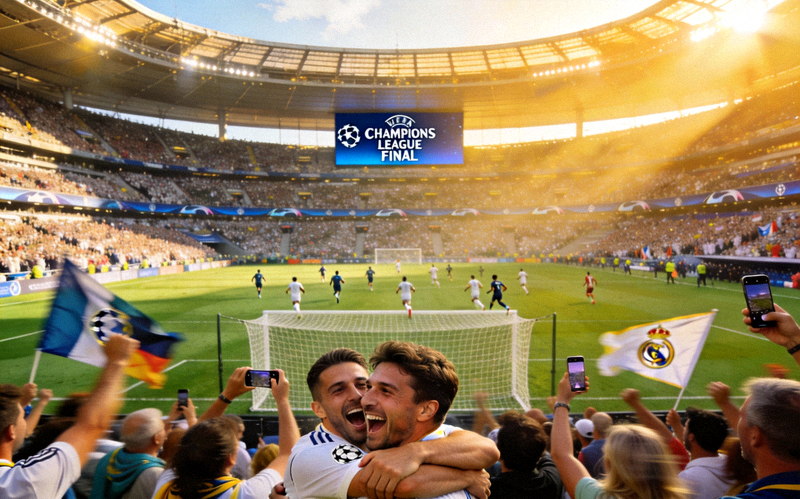 欧冠决赛赛场盛况，球迷欢呼庆祝的激动瞬间