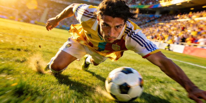 足球运动员在绿茵场上带球突破的精彩瞬间